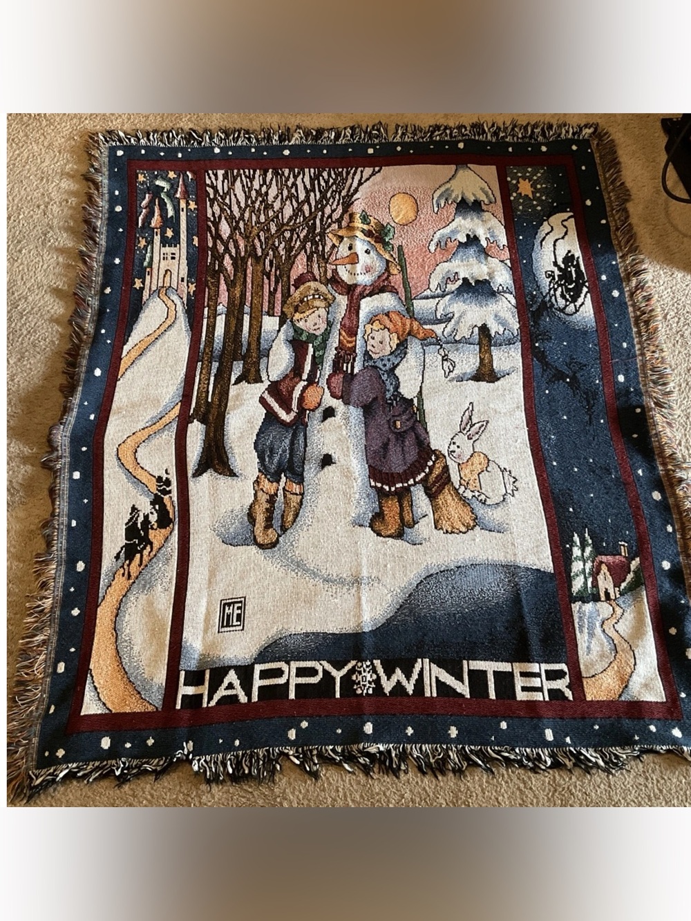 Christmas “Happy Winter” Tapestry/Throw Blanket w/Fringe 5x4’ Snowman/Kids